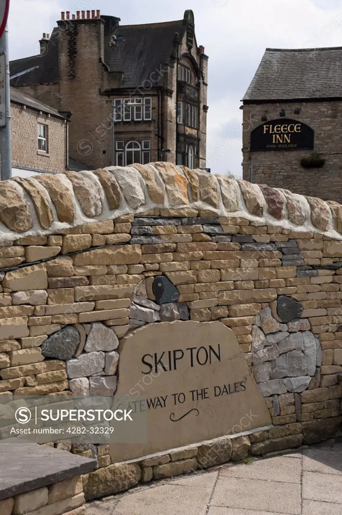 England, North Yorkshire, Skipton. Skipton Gateway to the Dales sign at Skipton bus station.