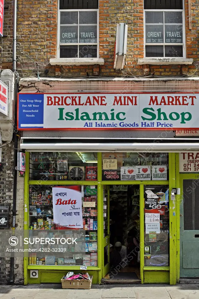 England, London, Brick Lane. An Islamic Brick Lane mini supermarket.