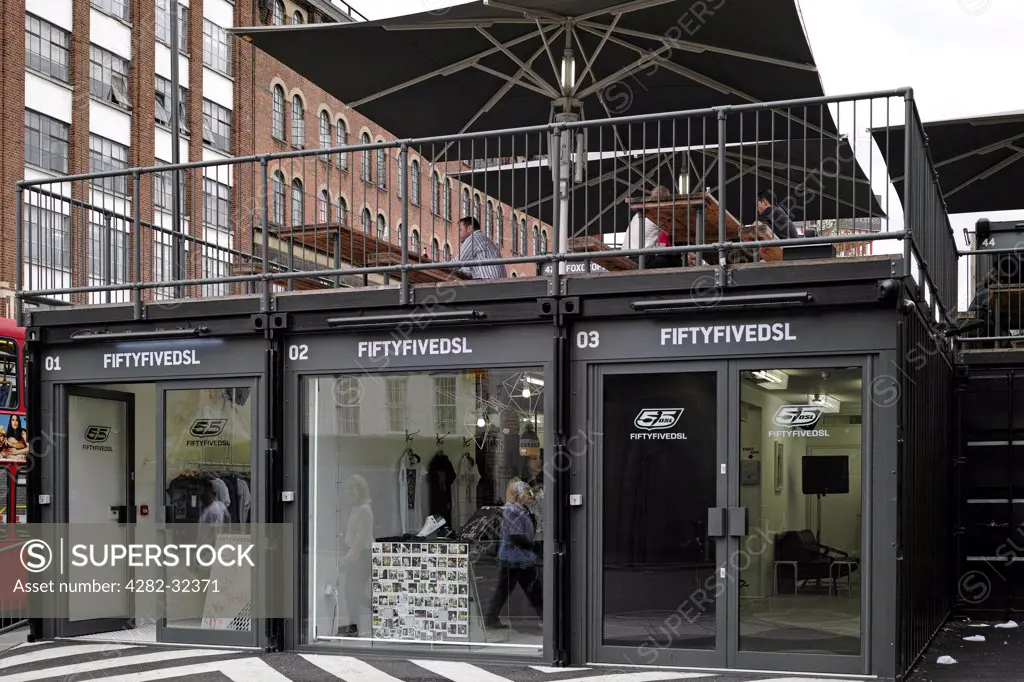 England, London, Shoreditch. Frontage of Fiftyfivedsl store at Boxpark in Shoreditch.