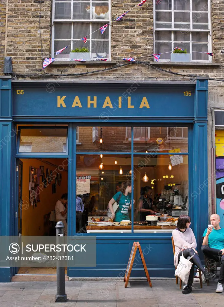 England, London, Brick Lane. Exterior of Kahaila Community Cafe in Brick Lane.