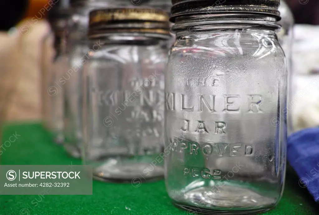 England, London, Smithfield Market. Old kilner jars for sale in Smithfield Market.