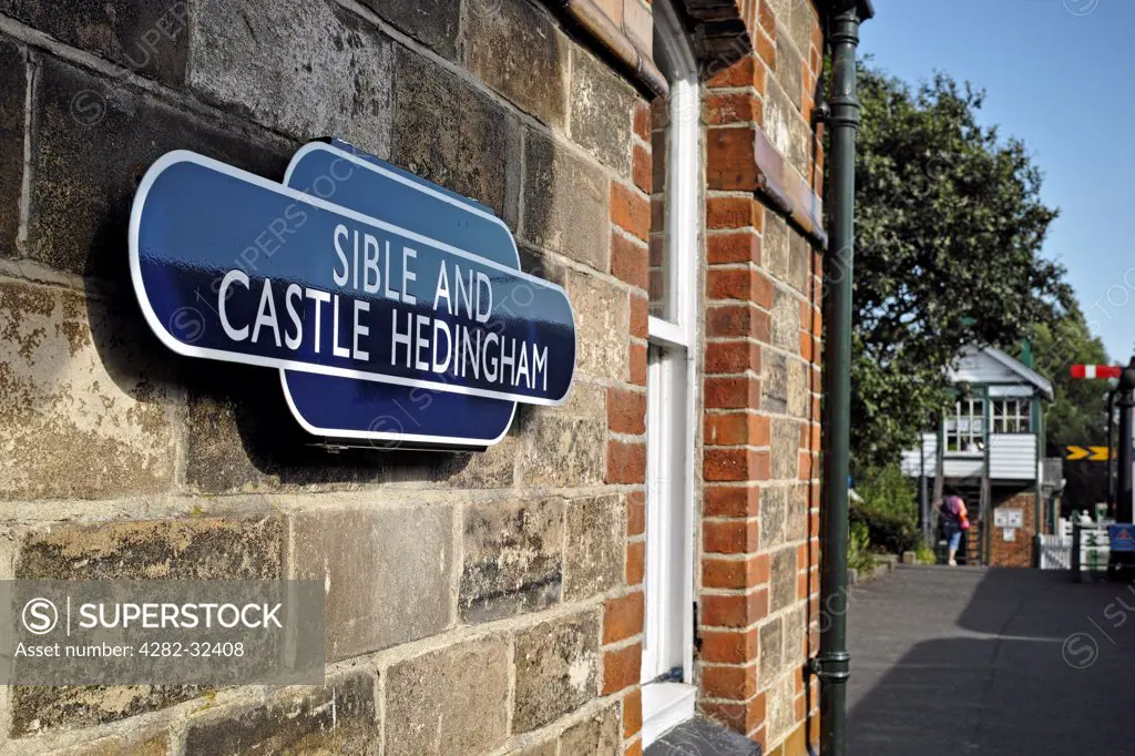 England, Essex, Castle Hedingham. Station sign on the Colne Valley and Halstead railway.