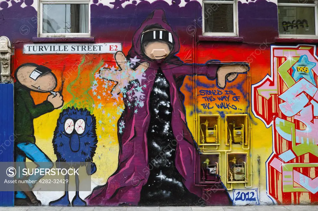 England, London, Shoreditch. Street mural in East London.