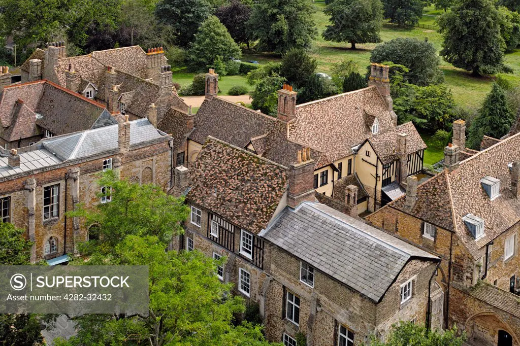 England, Cambridgeshire, Ely. The view over Prior's House and Choir House from the rooftop of Ely Cathedral.