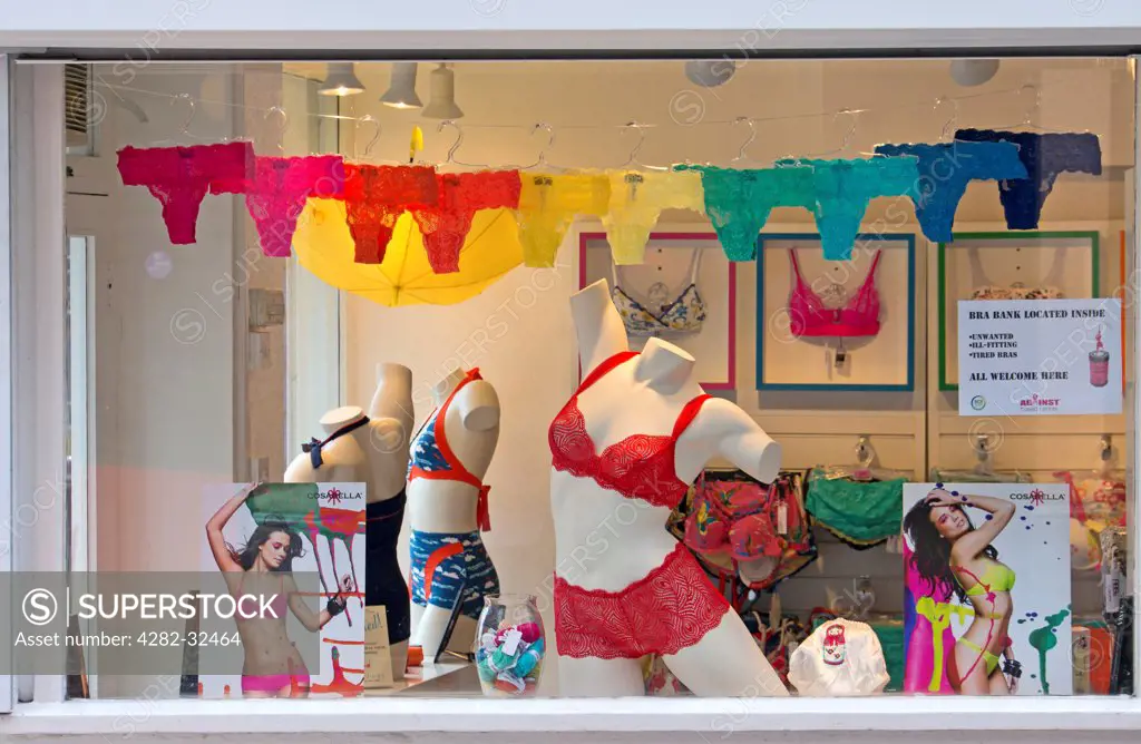 England, London, Shoreditch. Colourful underwear displayed in a shop window in Shoreditch.