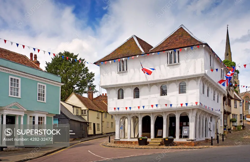 England, Essex, Thaxted. The 15th Century Guildhall in Thaxted  decorated with bunting.