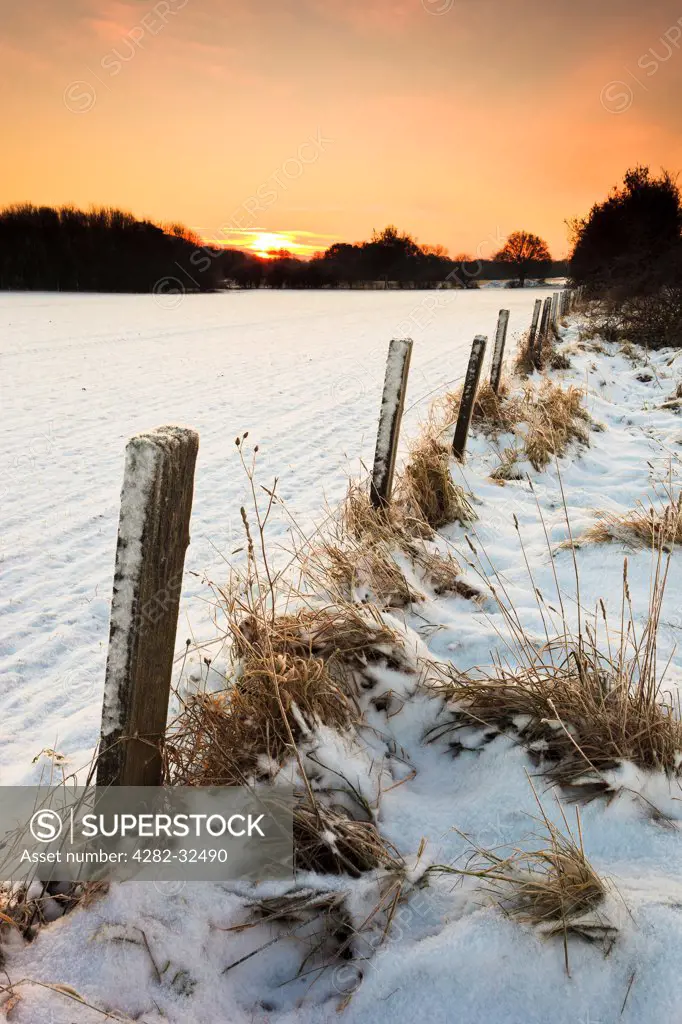 England, Norfolk, Norwich. Fence posts at the side of a snow covered field at dawn.