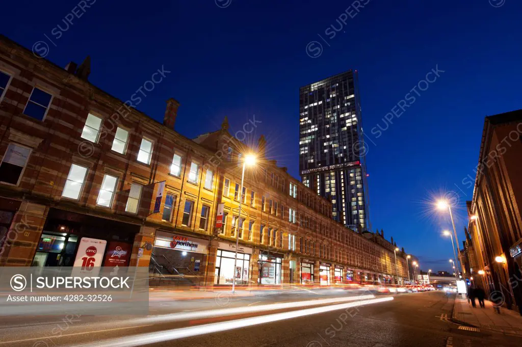 England, Greater Manchester, Manchester. A view down Deansgate in Manchester towards Beetham Tower.