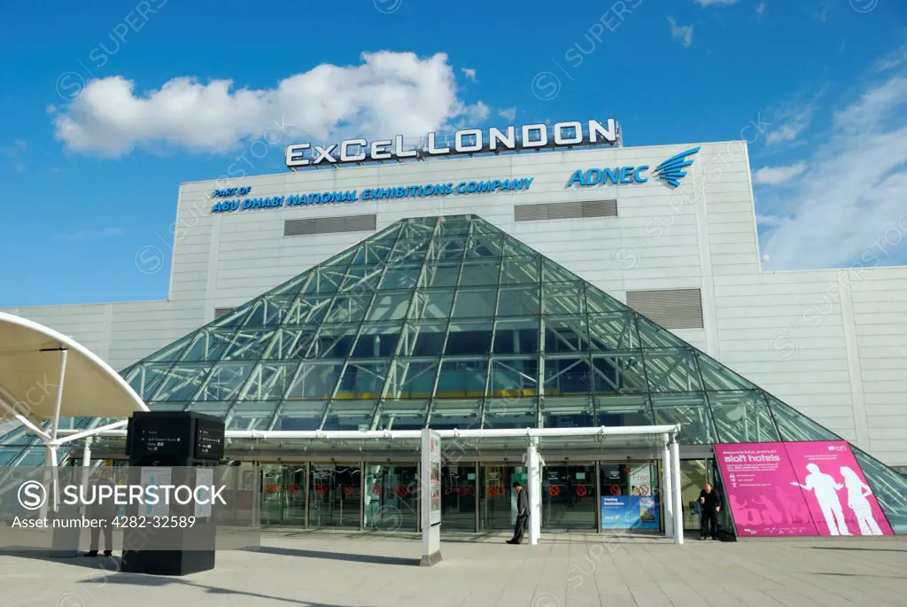 England, London, Royal Victoria Dock. Exterior of the ExCeL London conference and exhibition centre.