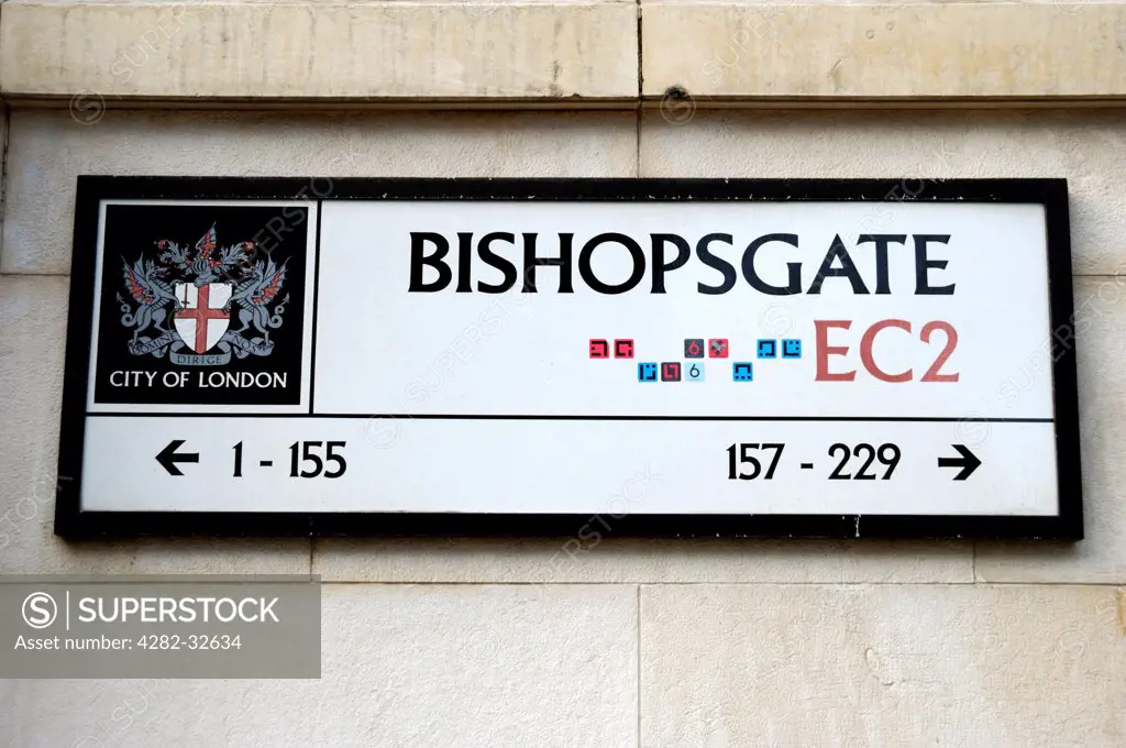 England, London, City of London. Bishopsgate EC2 street sign.