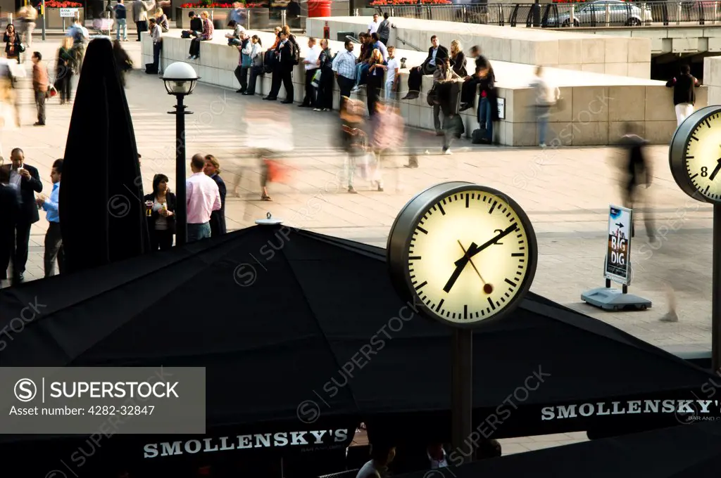 England, London, Canary Wharf. Clocks at Canary Wharf.