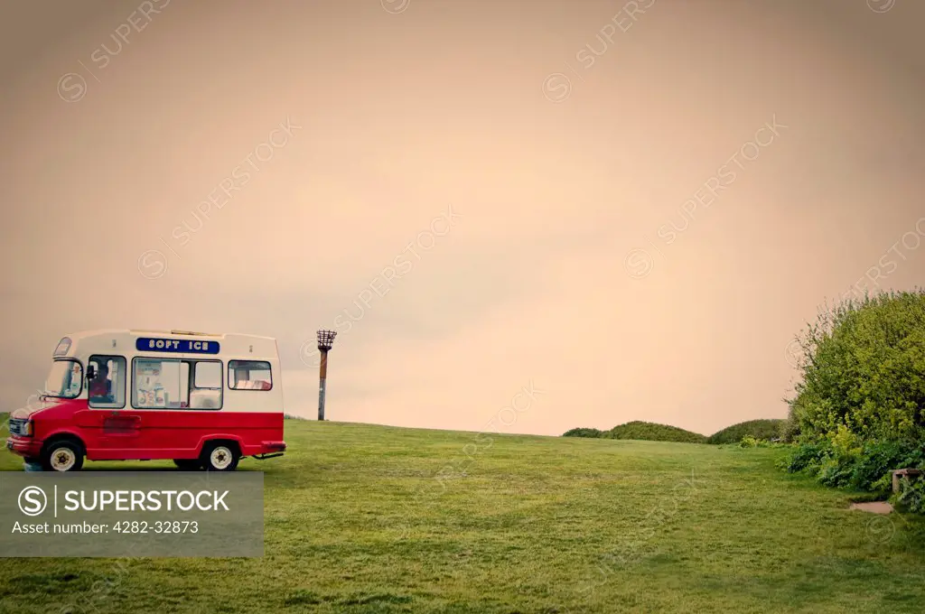 England, East Sussex, Hastings. An ice cream van on a hill at Hastings.