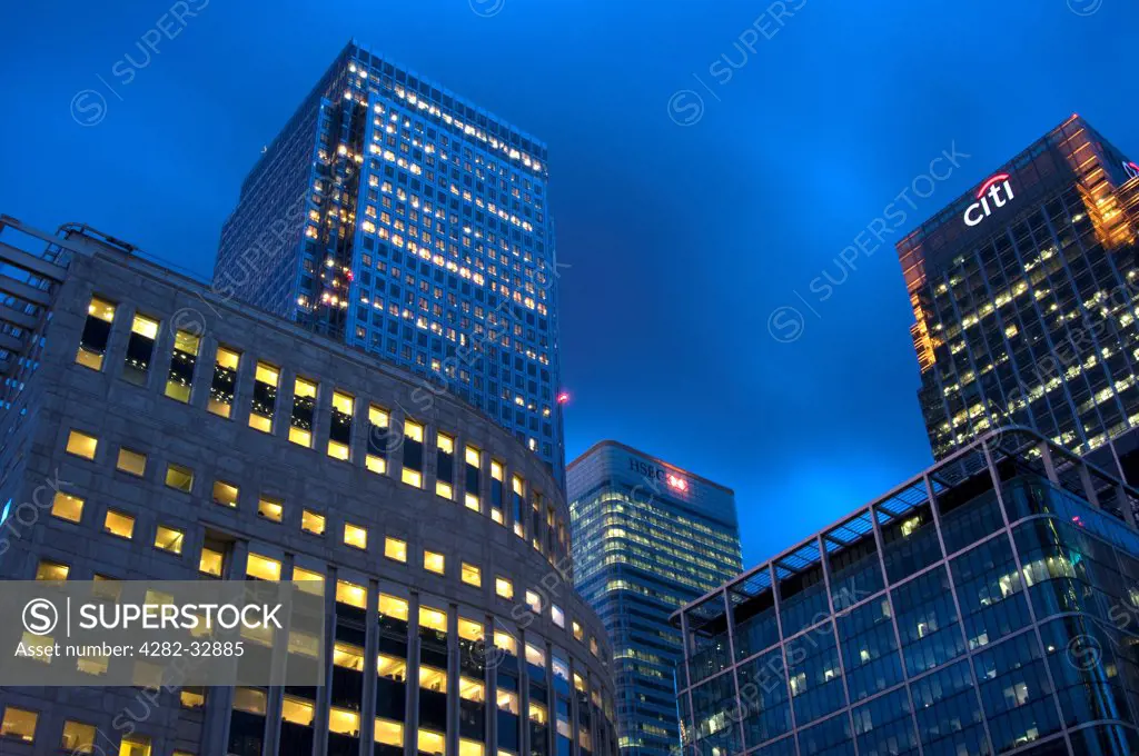 England, London, Canary Wharf. Offices at dusk in Canary Wharf.