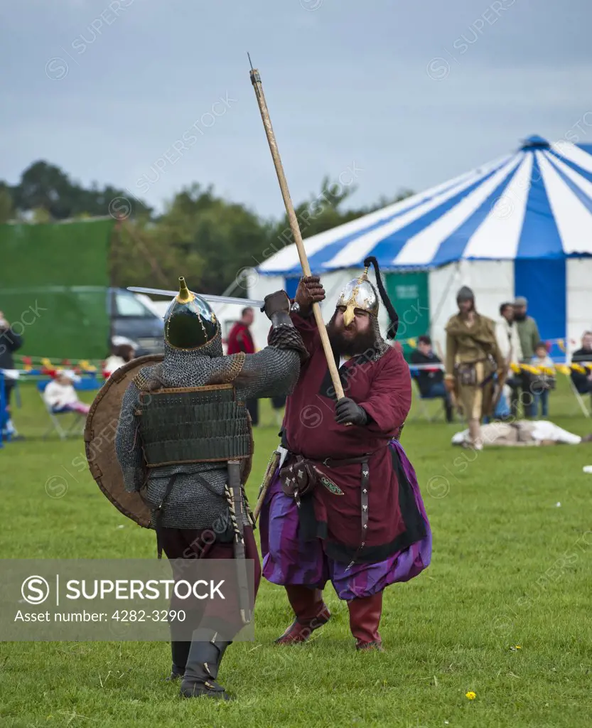 Scotland, Lanarkshire, Lanark. A re-enactment of Viking combat at Lanark 2011, Scotland's Festival of History.