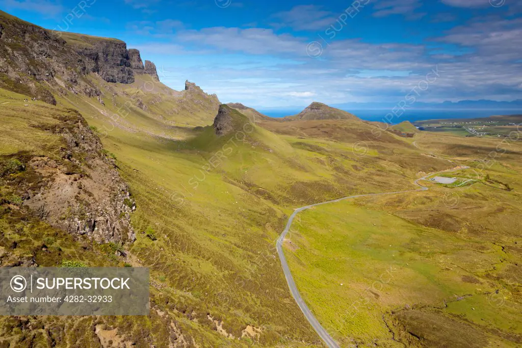 Scotland, Highland, Isle of Skye. The Quiraing which is a landslip on the eastern face of Meall na Suiramach and the northernmost summit of the Trotternish Ridge on the Isle of Skye.