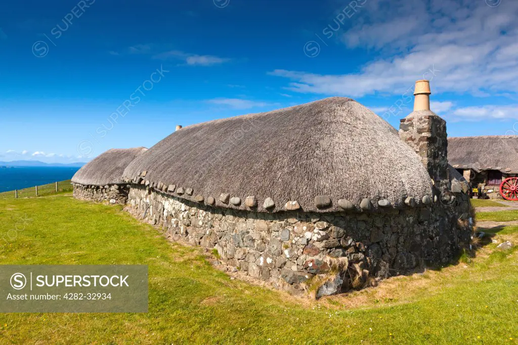 Scotland, Highland, Kilmuir. Thatched croft houses at the Skye Museum of Highland Life.