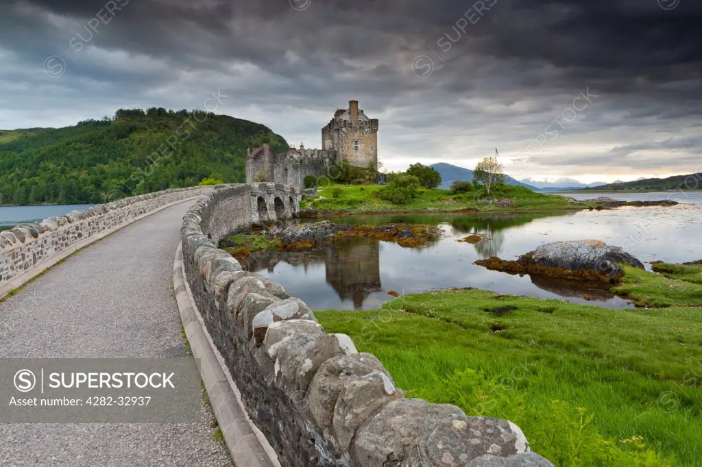 Scotland, Highland, Dornie. A view toward Eilean Donan castle and Loch Duich.