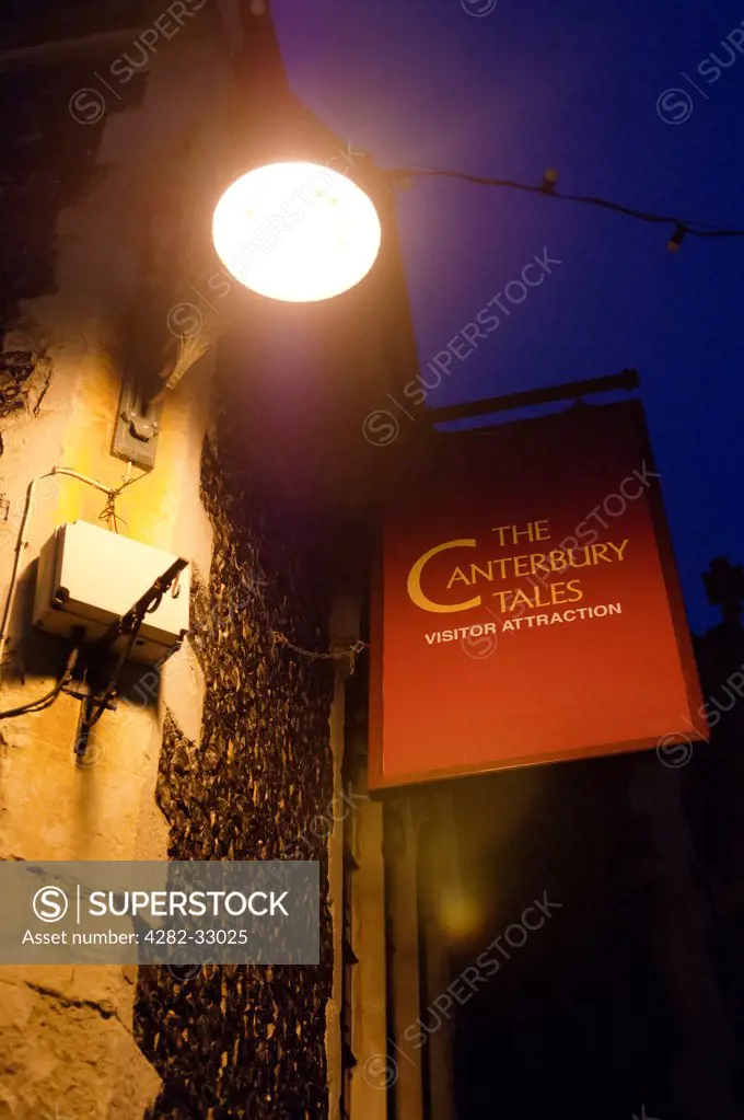 England, Kent, Canterbury. Sign for The Canterbury Tales visitor attraction.