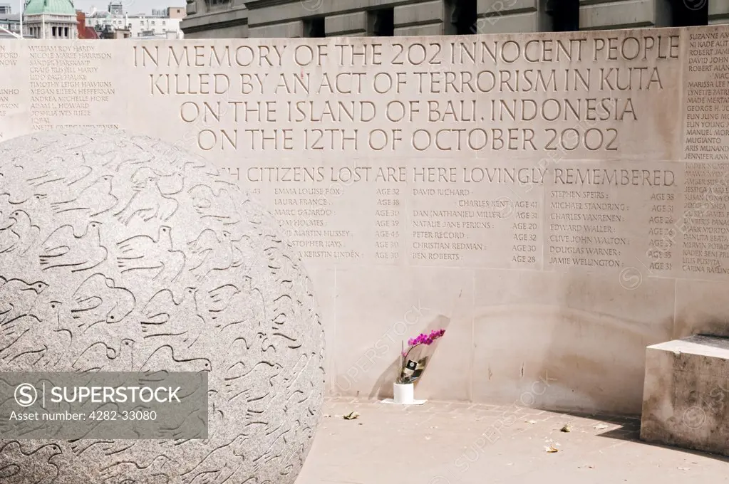 England, London, Westminster. The Bali Bombing Monument by the Churchill War Rooms on Horse Guard Lane by St. James Park.