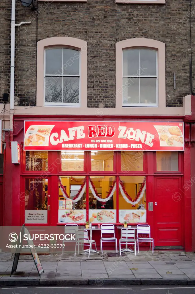 England, London, Islington. Exterior of Cafe Red Zone which is a local cafe in Highbury.