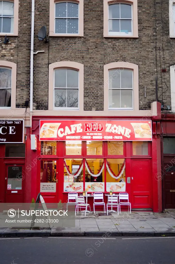 England, London, Islington. Exterior of Cafe Red Zone which is a local cafe in Highbury.