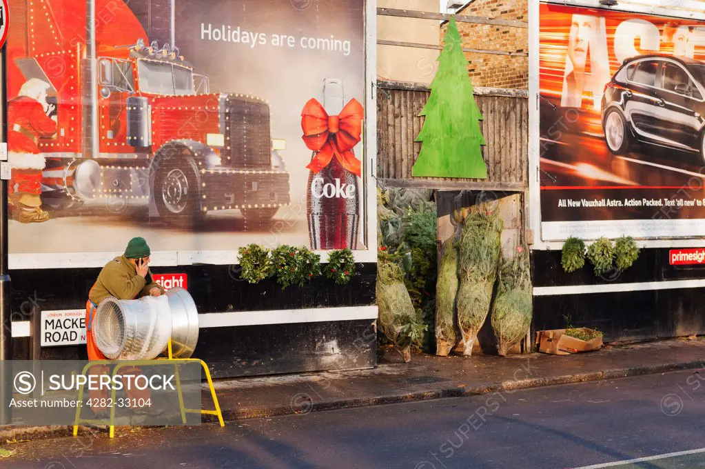 England, London, Islington. A Christmas tree salesman on Caledonian Road in Islington.
