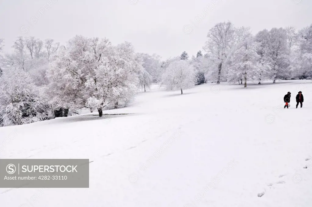 England, London, Camden. Two people enjoying a walk in the fresh snow in Waterlow Park.
