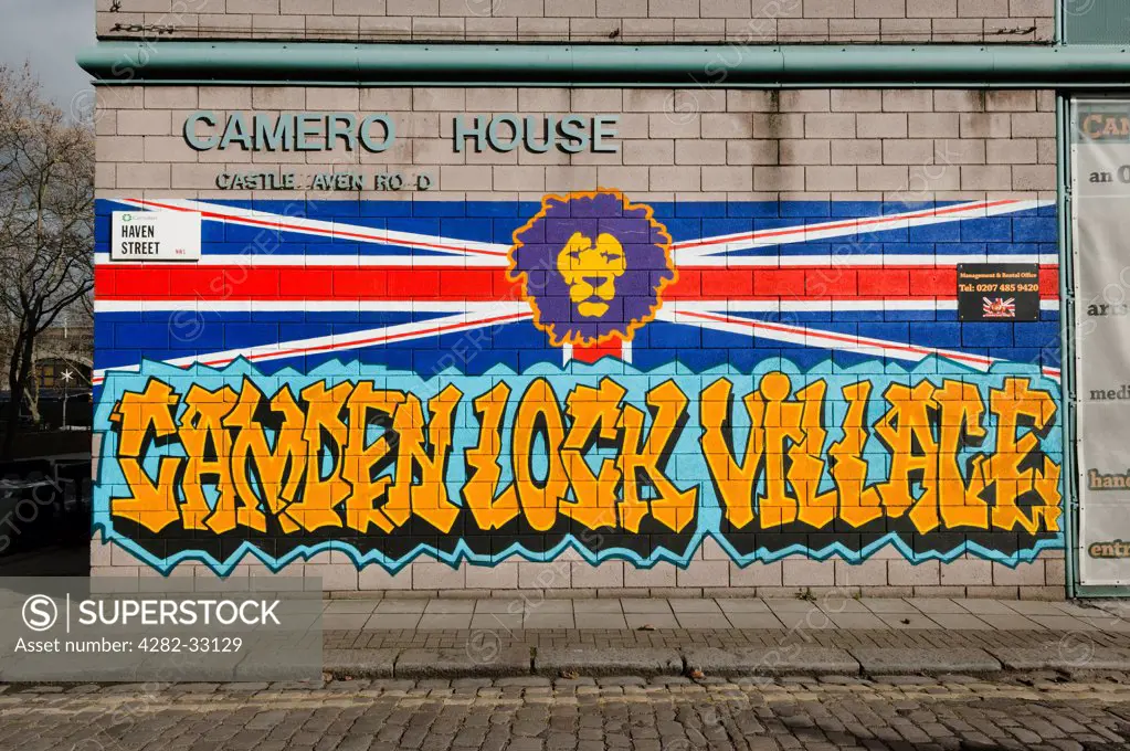 England, London, Camden. Mural on Haven Street for the Camden Lock Village market.