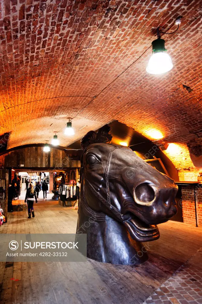 England, London, Camden. A sculpture of a Horse's head in the refurbished Stables Market in Camden.