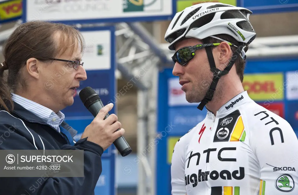 Scotland, Scottish Borders, Peebles. Mark Cavendish of Team HTC Highroad gives an interview at the start of stage one of the 2011 Tour of Britain.