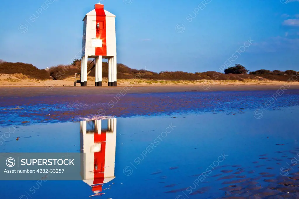 England, Somerset, Burnham on Sea. The unusual lighthouse on stilts at Burnham on Sea in Somerset.