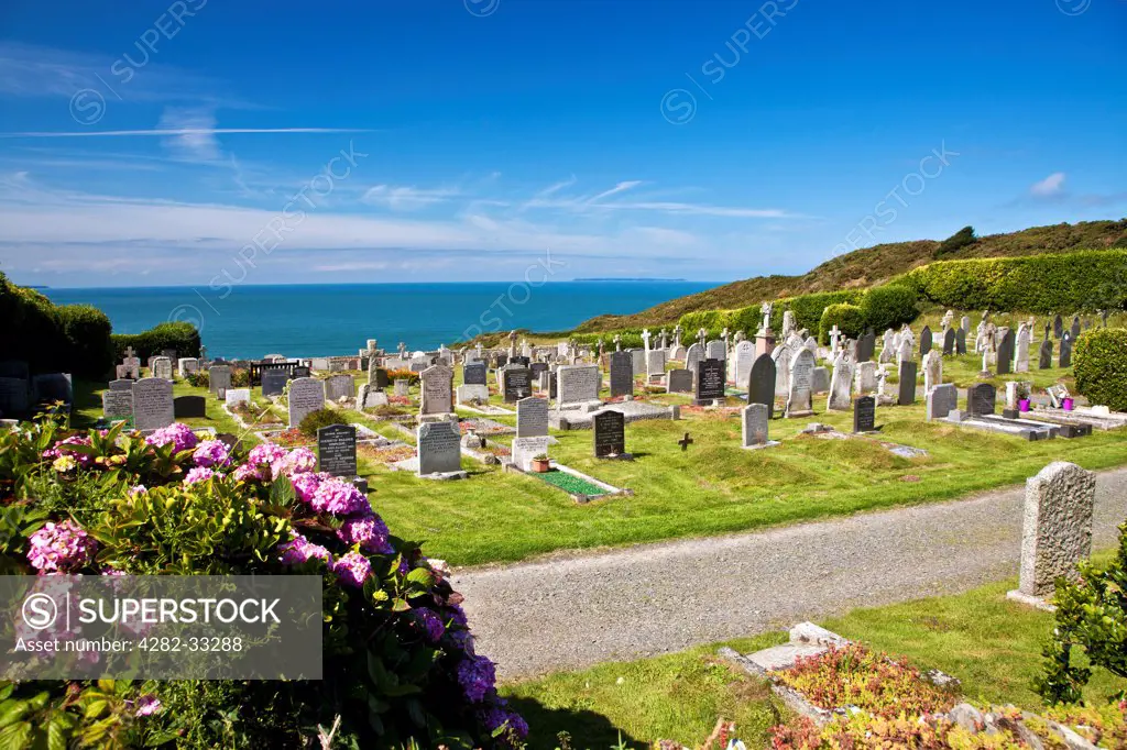 England, Devon, Woolacombe. The cemetery at Morthoe overlooking the Bristol Channel and Lundy Island.