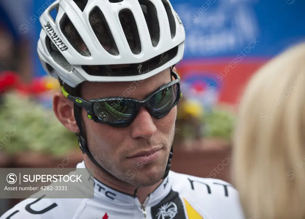 Scotland, Scottish Borders, Peebles. Mark Cavendish of Team HTC Highroad speaks to the media before the start of stage one of the 2011 Tour of Britain.
