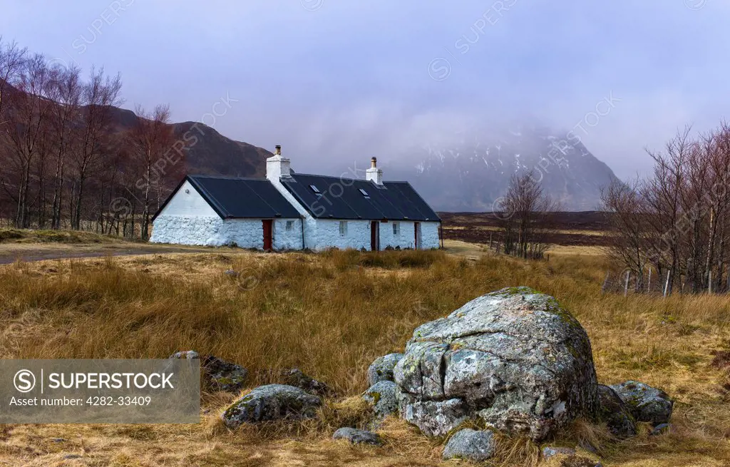 Scotland, Argyll, Glencoe. Blackrock Cottages in Glencoe.