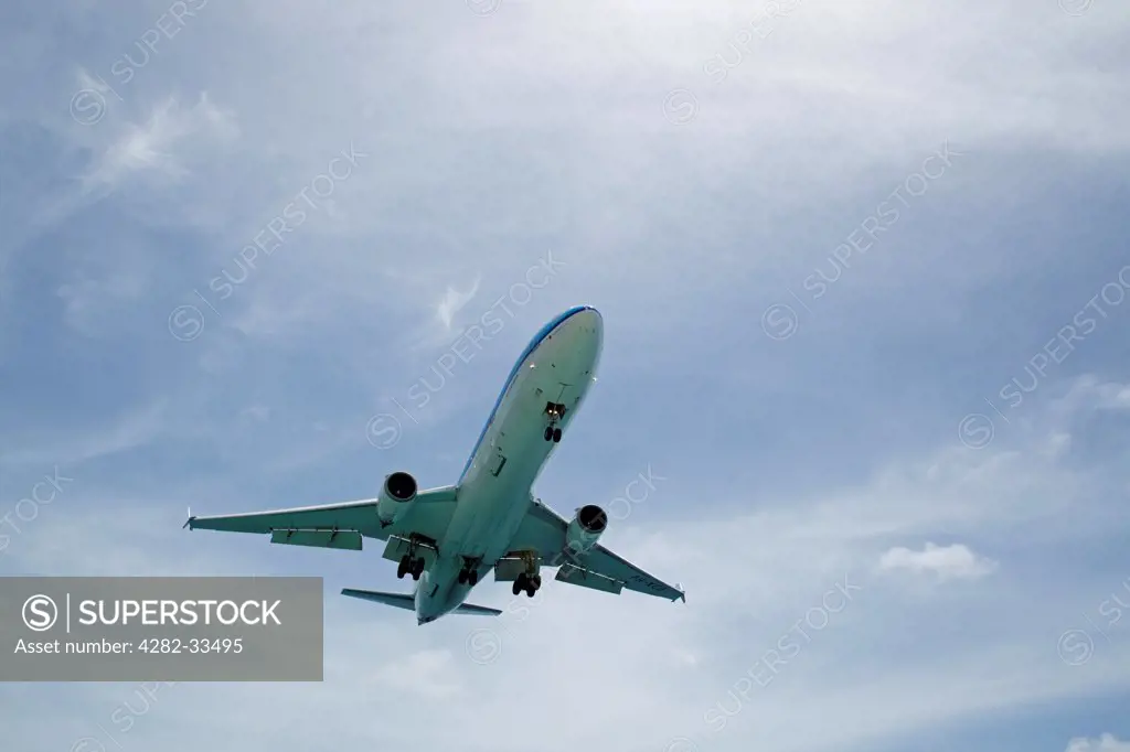 Bonaire, Kralendijk, North Belnem. KLM passenger jet coming into land at Flamingo Airport.