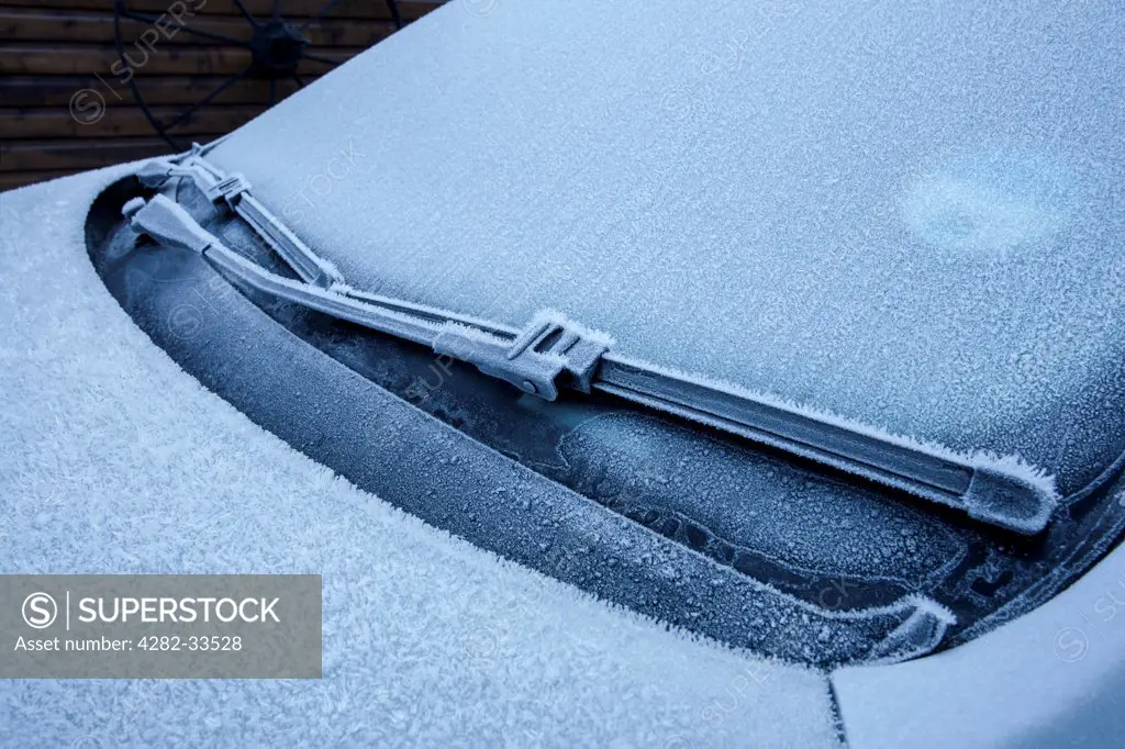 Wales, Monmouthshire, Monmouth. Frost covered car windscreen.