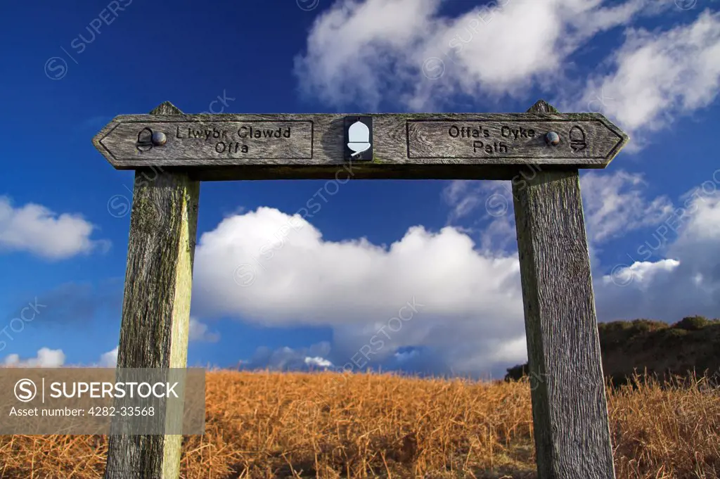 Wales, Monmouthshire, Abergavenny. Offa's Dyke path sign written in English and Welsh.
