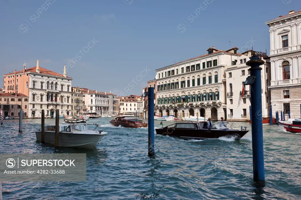 Italy, Venetto, Venice. Water taxis on the Grand Canal in Venice.
