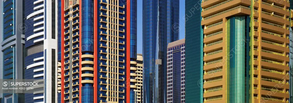 UAE, Dubai, Office Buildings. Colourful office buildings in Dubai.