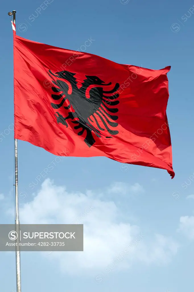 Albania, Tirana County, Tirana. The flag of Albania.