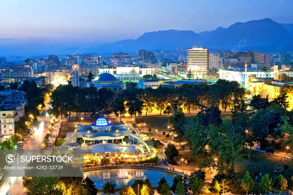 Albania, Tirana County, Tirana. A dusk view across the city of Tirana.