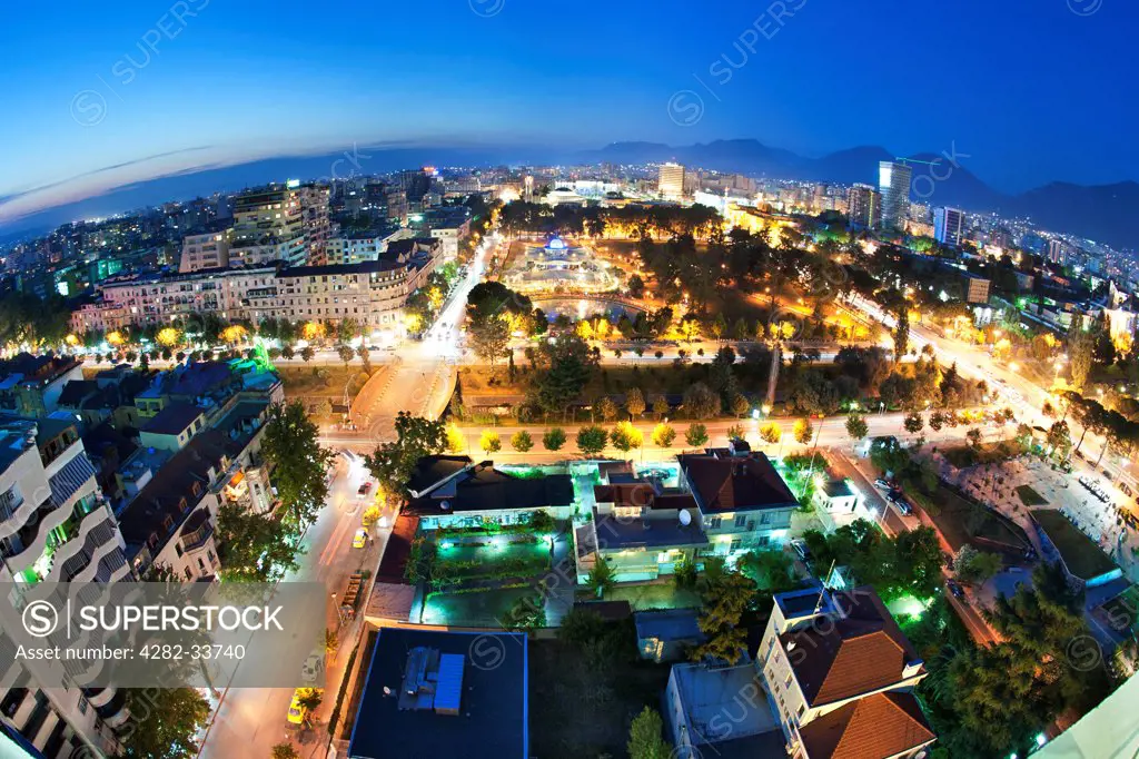 Albania, Tirana County, Tirana. A dusk view across the city of Tirana.