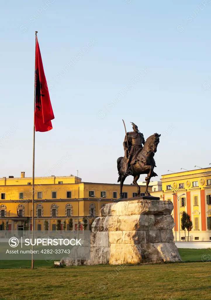 Albania, Tirana County, Tirana. The Skanderbeg Monument in Skanderbeg Square in Tirana.