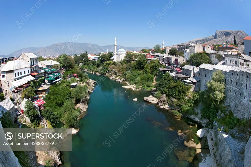 Bosnia and Herzegovina, Herzegovina Neretva Canton, Mostar. Mostar and the Neretva River seen from the Old Bridge.