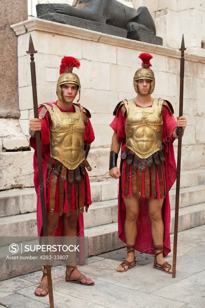 Croatia, Split Dalmatia, Split. Men dressed as Roman Centurions in the Old Town in the city of Split.