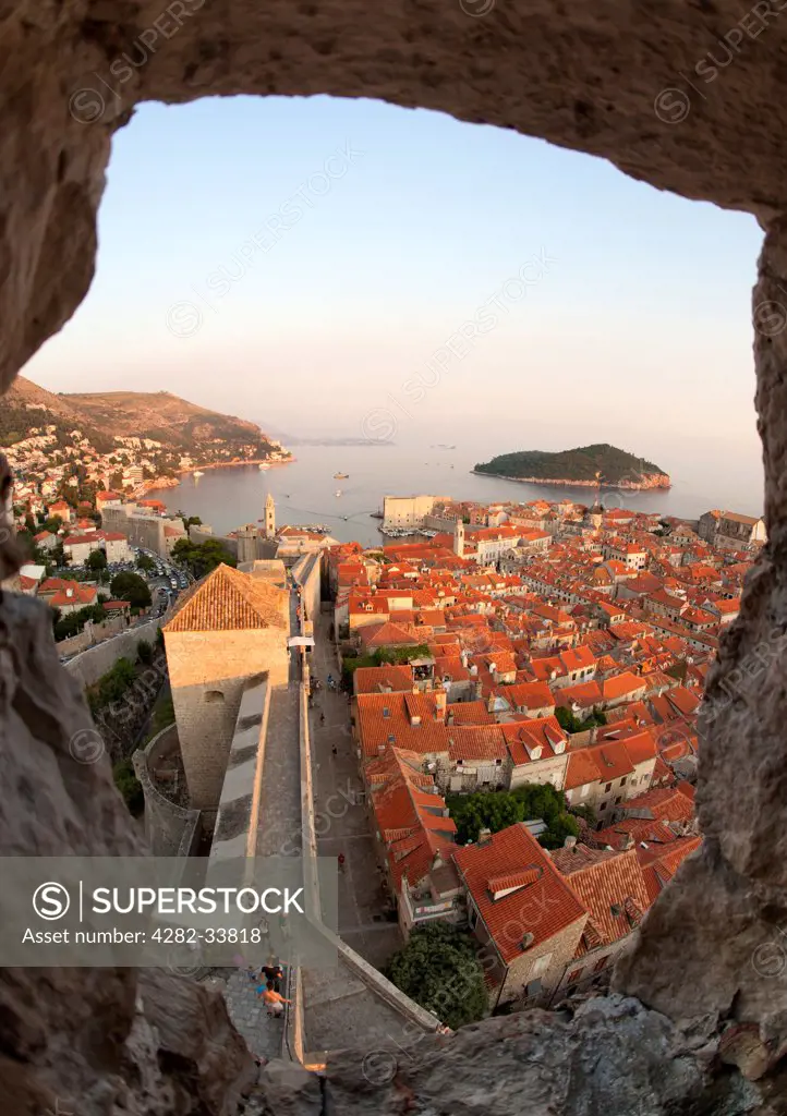 Croatia, Dubrovnik Neretva , Dubrovnik. View from Minceta Tower over the rooftops of the old town in the city of Dubrovnik.