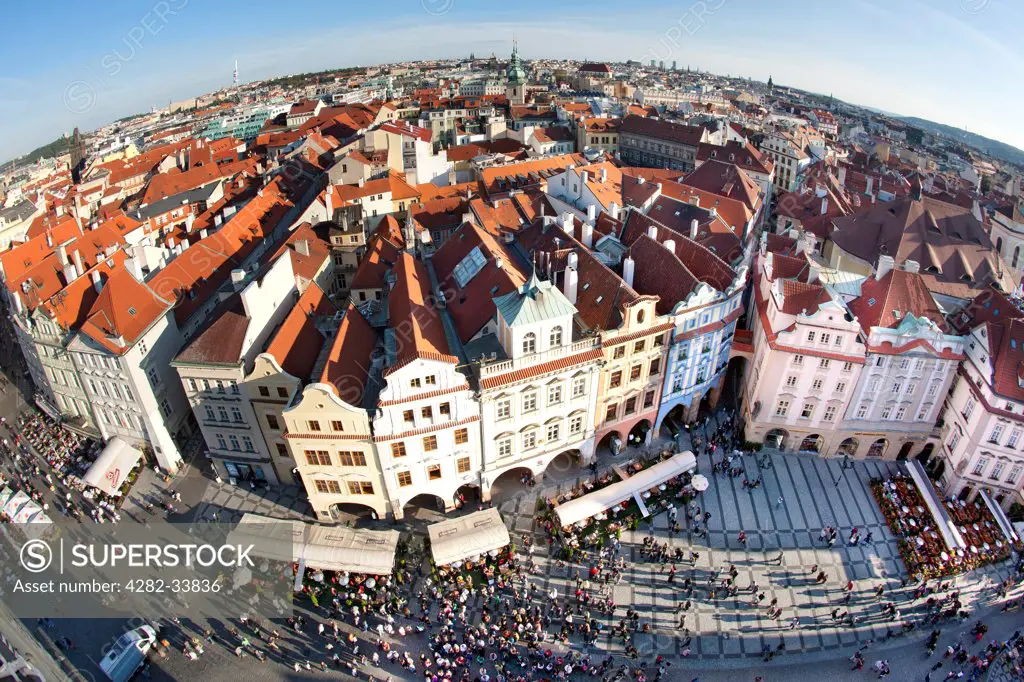 Czech Republic, Prague , Staromestske Namesti. View over Old Town rooftops and parts of Staromestske Namesti in Prague.