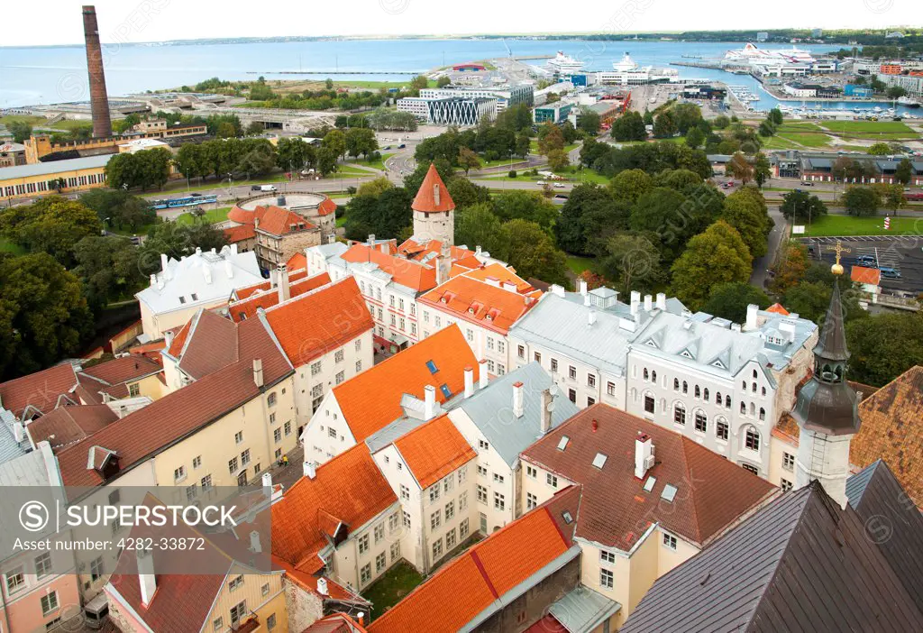 Estonia, Harju, Tallinn. A view over the rooftops of the old town of Tallinn.