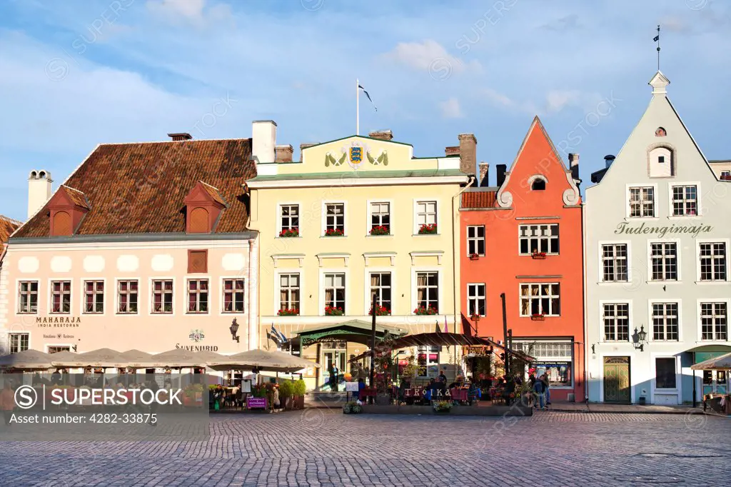 Estonia, Harju, Tallinn. Buildings and restaurants on Raekoja Plats in Tallinn.