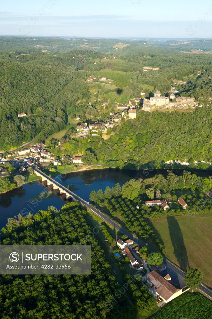 France, Dordogne, Sarlat. An aerial view of Chateau Castelnaud and surrounding countryside.